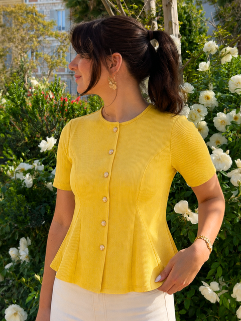 Stretchable Ribbed Flared Peplum Top