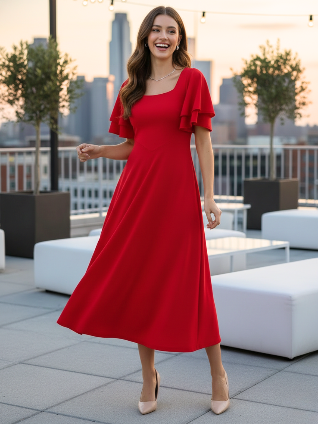 Stretchable Ruffled Sleeve Fit & Flare Dress