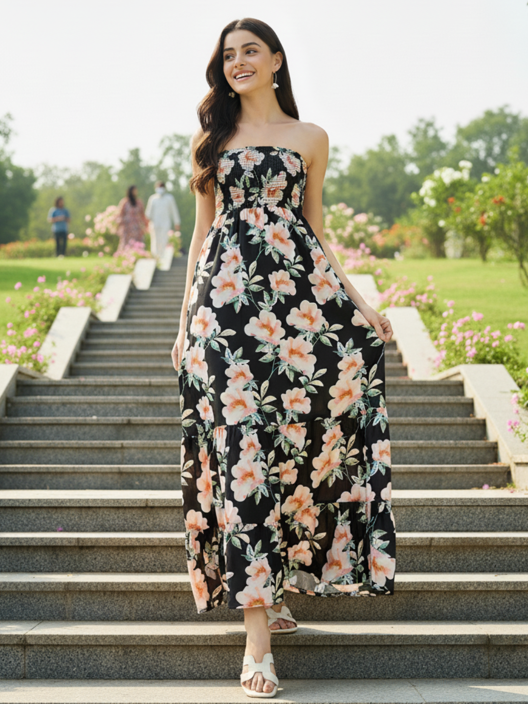 chinese dress ladies Strapless Smocked Maxi Dress