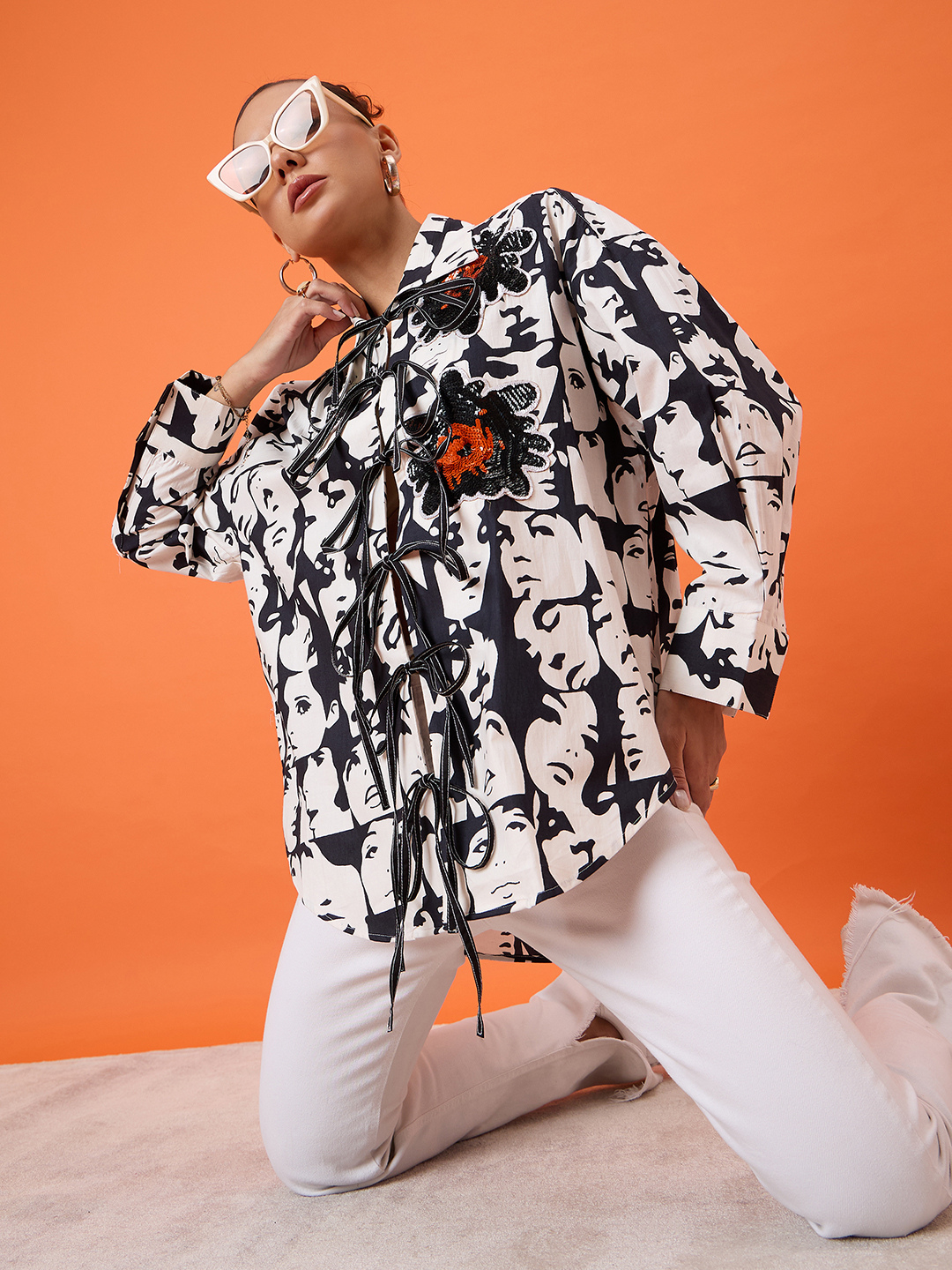 Printed Tie Up Full Sleeve Sequinned Cotton Shirt