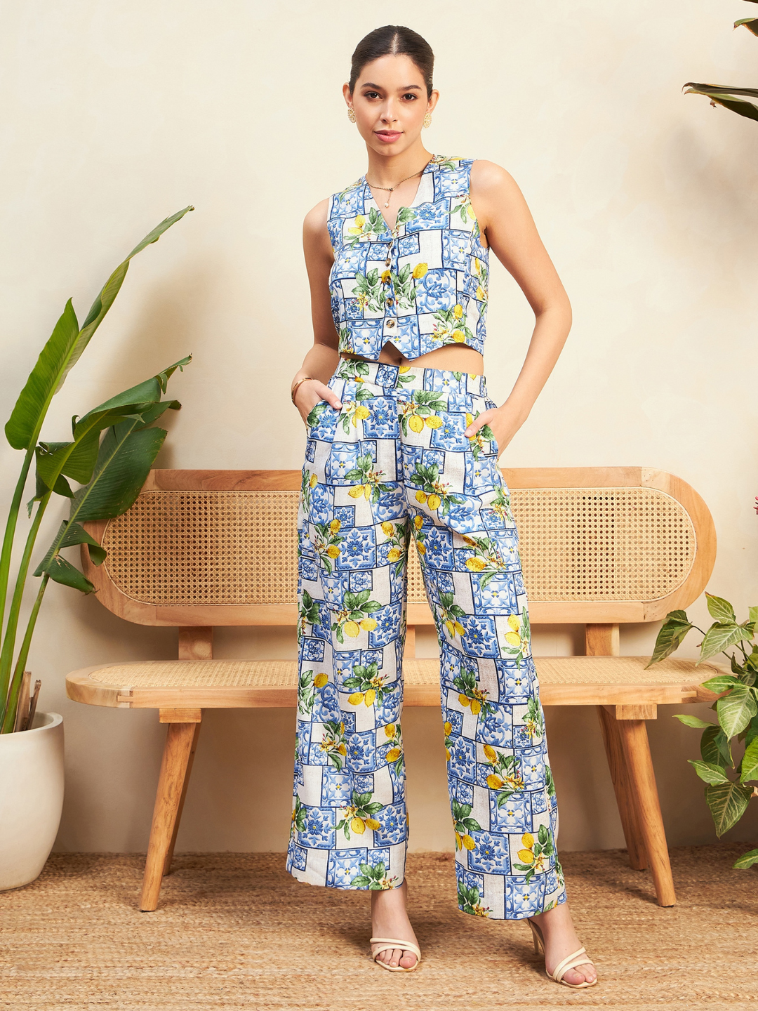 Two Piece Crop Top With Palazzo Pants Online Printed Linen Piece