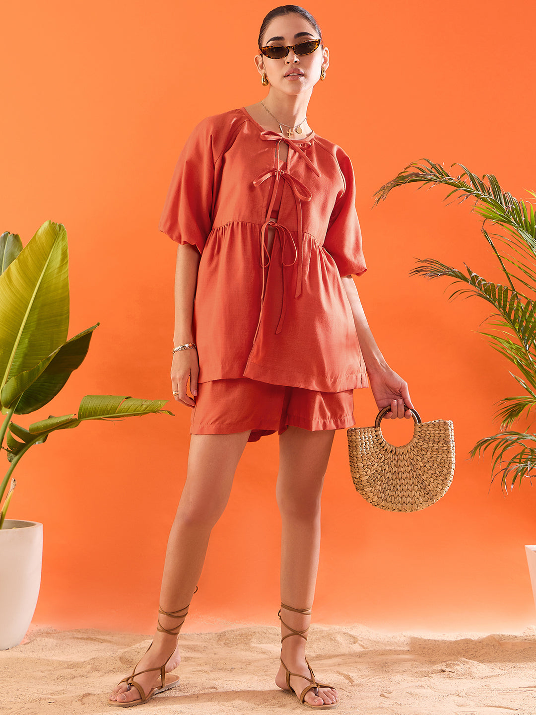 Linen Three Piece Shorts, Shirt and Crop Top Set