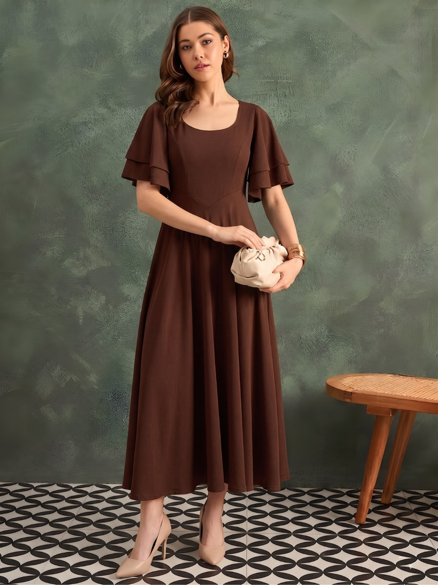 Stretchable Ruffled Sleeve Fit & Flare Dress