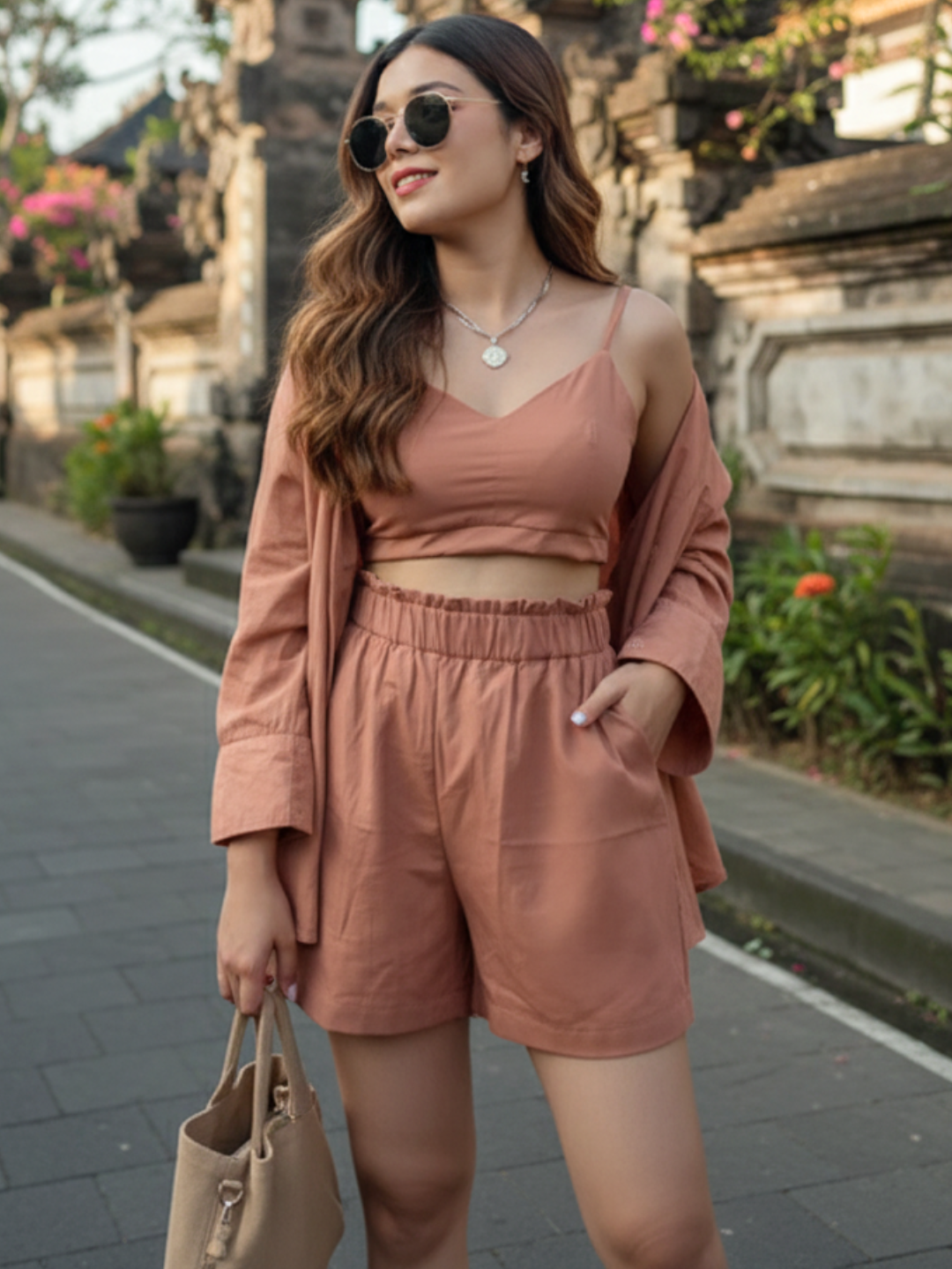 Cotton Three Piece Shorts, Shirt and Crop Top Set