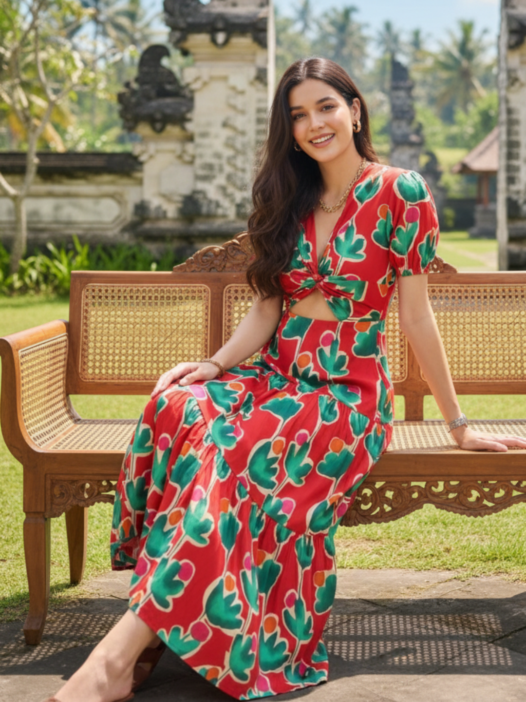 Puff Sleeve Front Cut Out Cotton Midi Dress