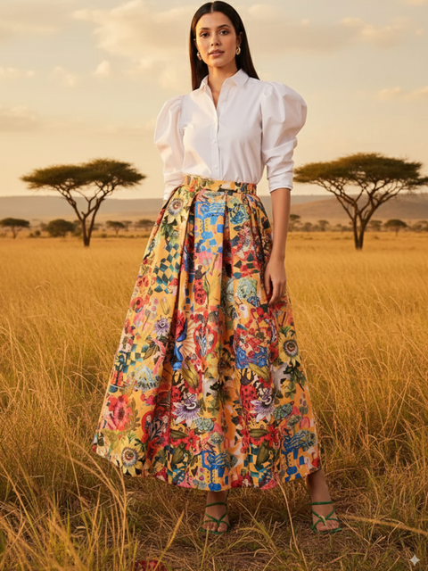 Box Pleated Linen Midi Skirt