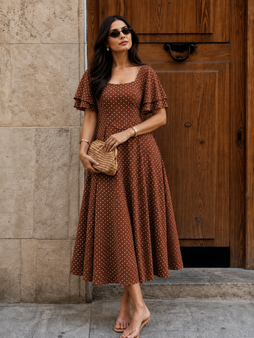 brown flare dress Stretchable Ruffled Sleeve Fit & line silhouette Size:L (39) قفطان رمضان Crinkled Chiffon Dress (Women)