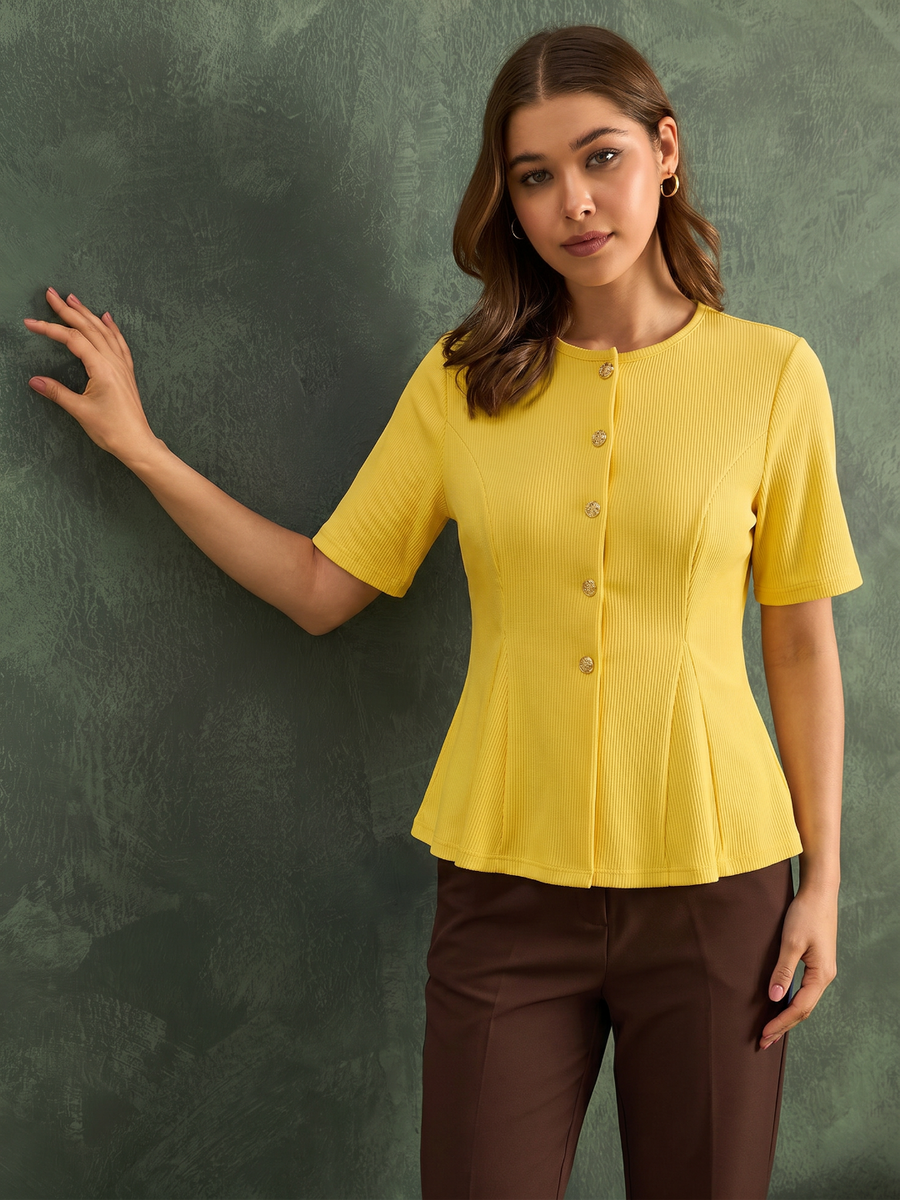 Stretchable Ribbed Flared Peplum Top