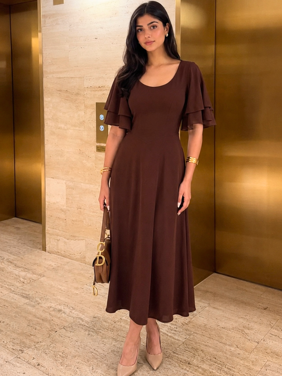 Stretchable Ruffled Sleeve Fit & Flare Dress