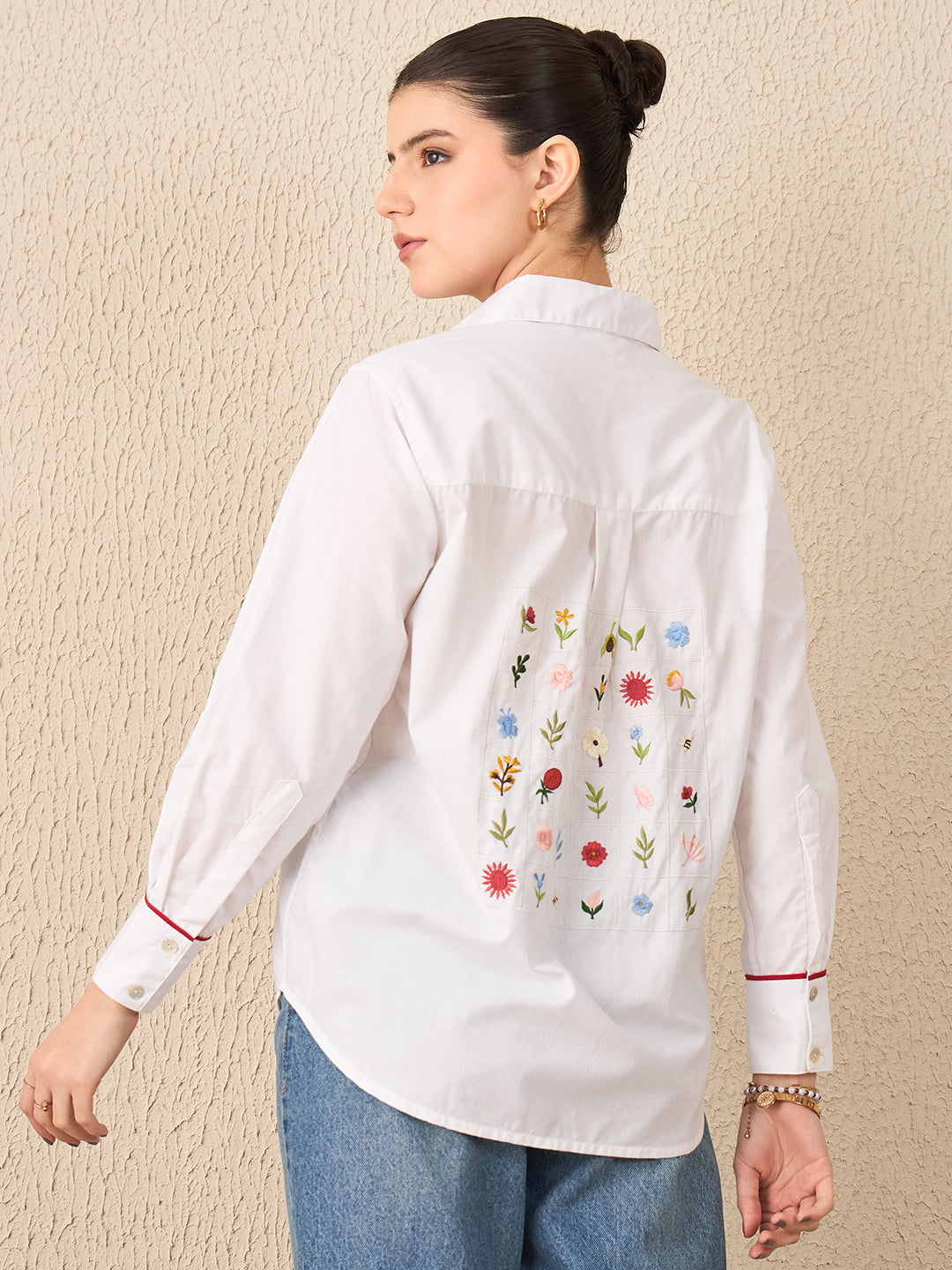 Square Grid Floral Embroidered Cotton Shirt