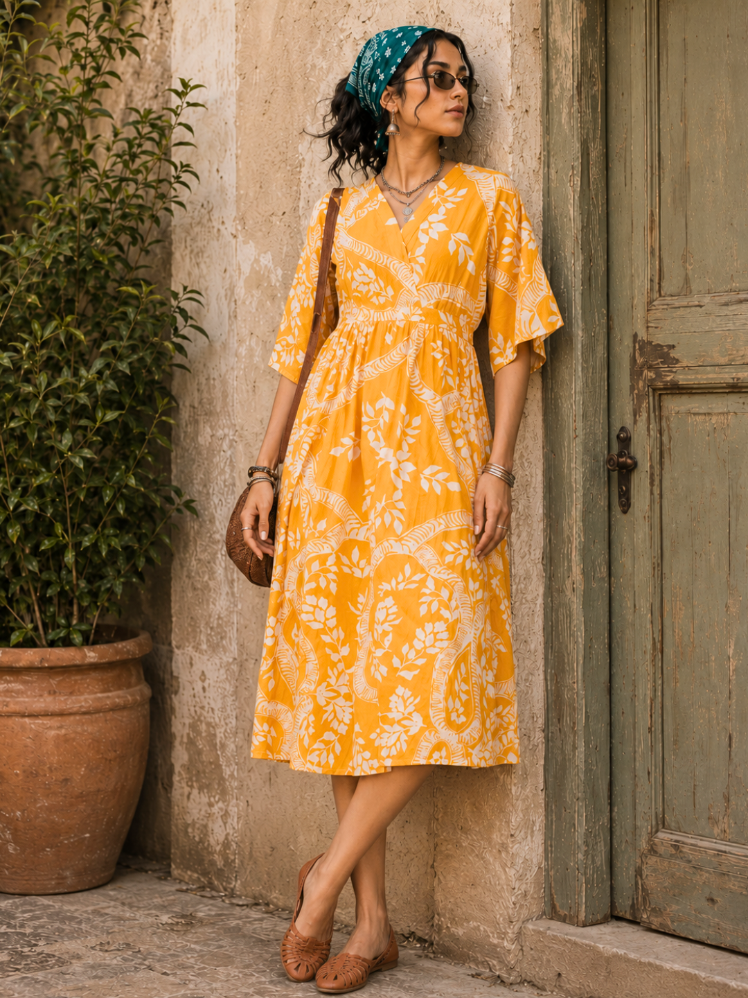 V-neck Cotton Midi Dress