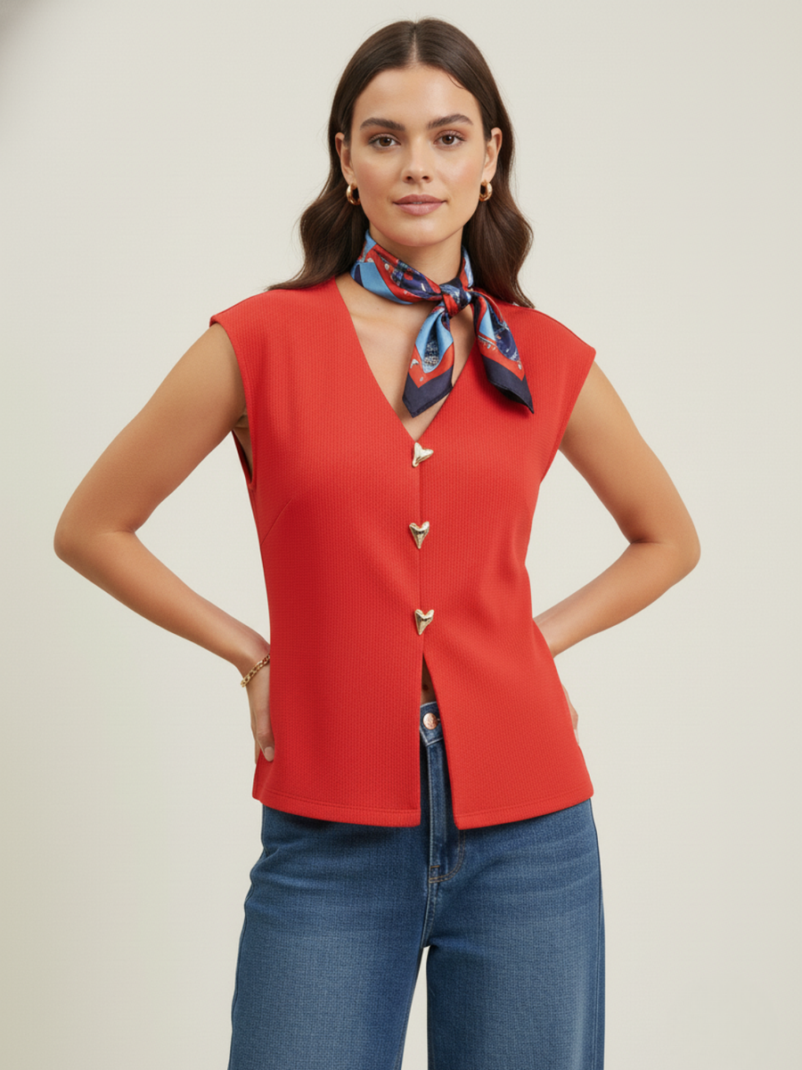 Stretchable Ribbed Waistcoat with Heart Buttons
