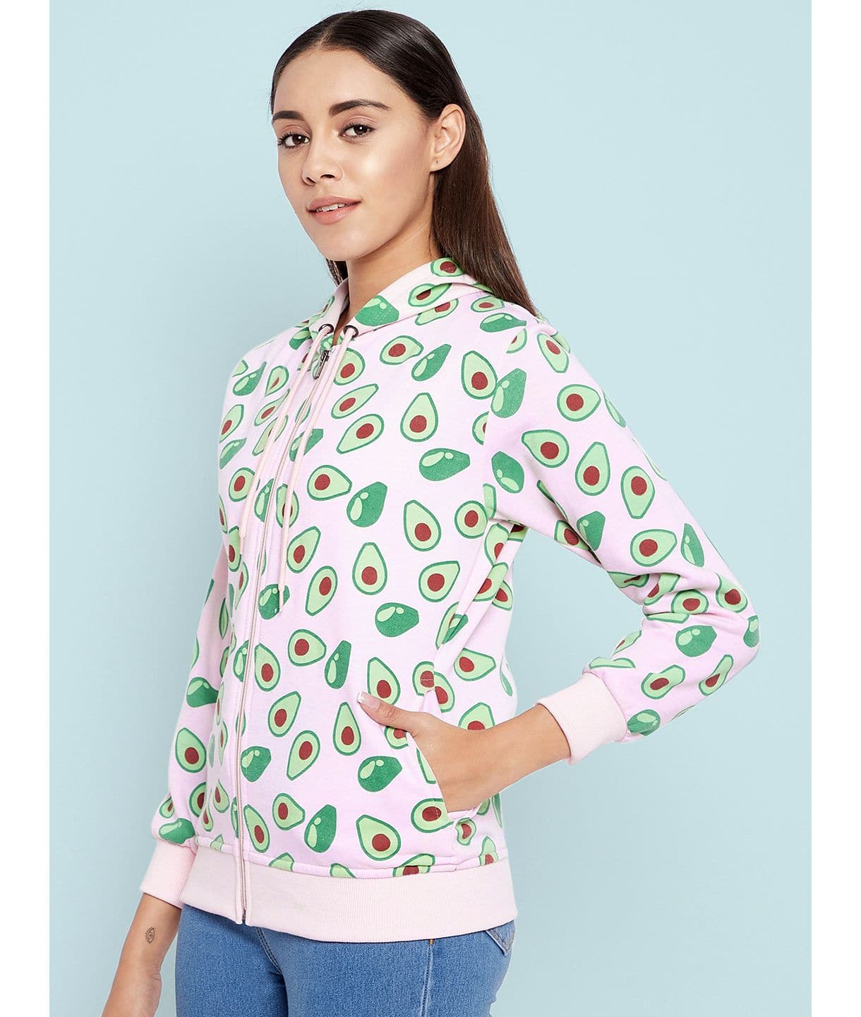Avocado Print Cotton Zippered Hoodie with Pockets - Uptownie
