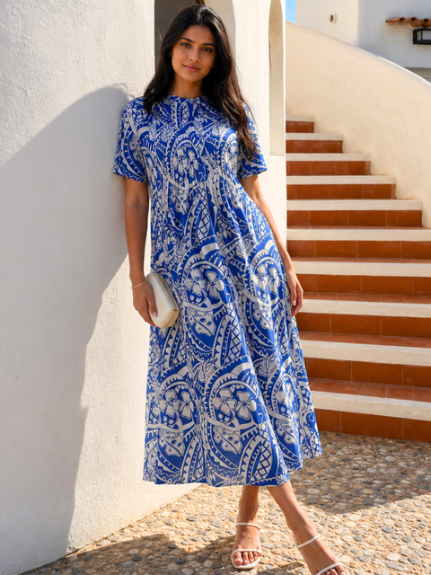 Pure Cotton Front Pleated A-Line Dress (with Lining)