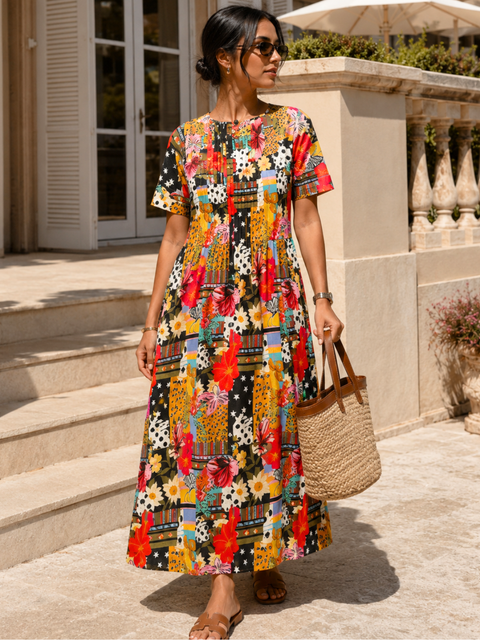 Pure Cotton Front Pleated A-Line Dress (with Lining)