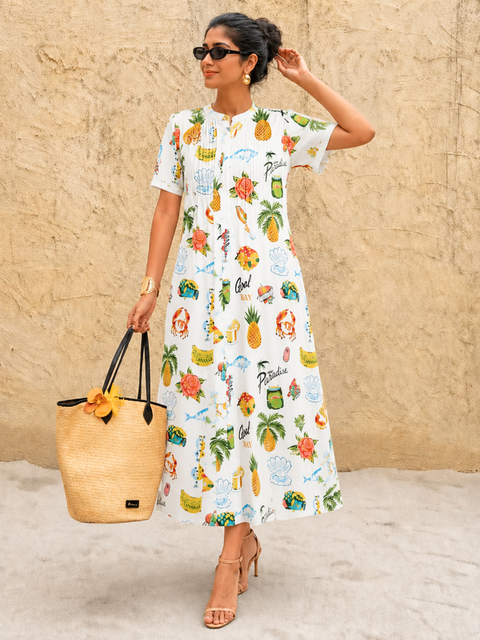 Pure Cotton Front Pleated A-Line Dress (with Lining)