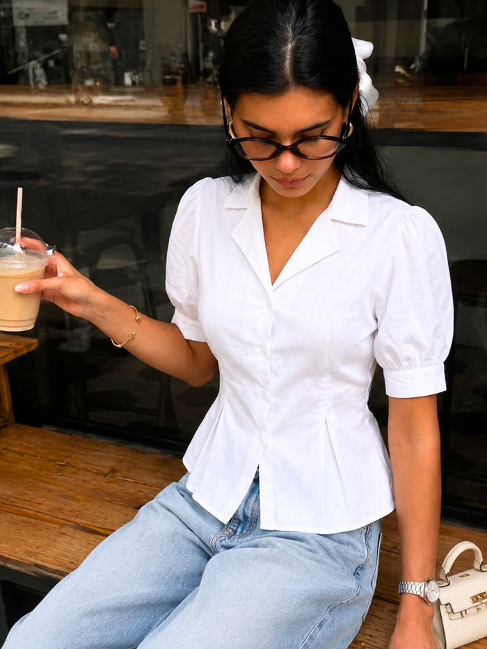 Puff Sleeve Pure Cotton Pleated Shirt