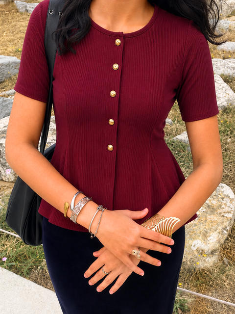 Stretchable Ribbed Flared Peplum Top