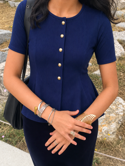 Stretchable Ribbed Flared Peplum Top