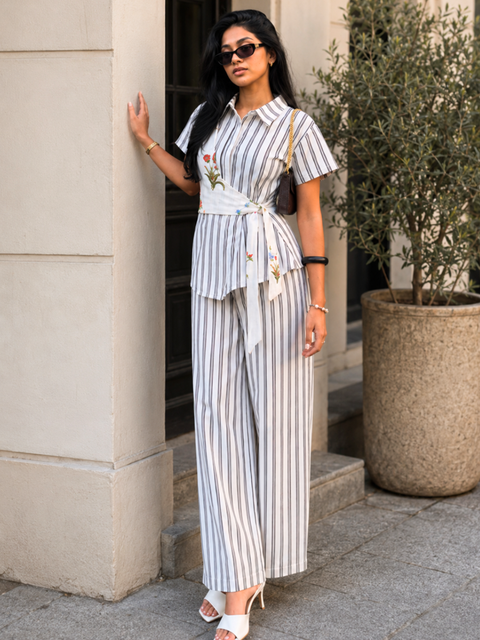 Pure Linen Tie-Up Wrap Shirt With Pants
