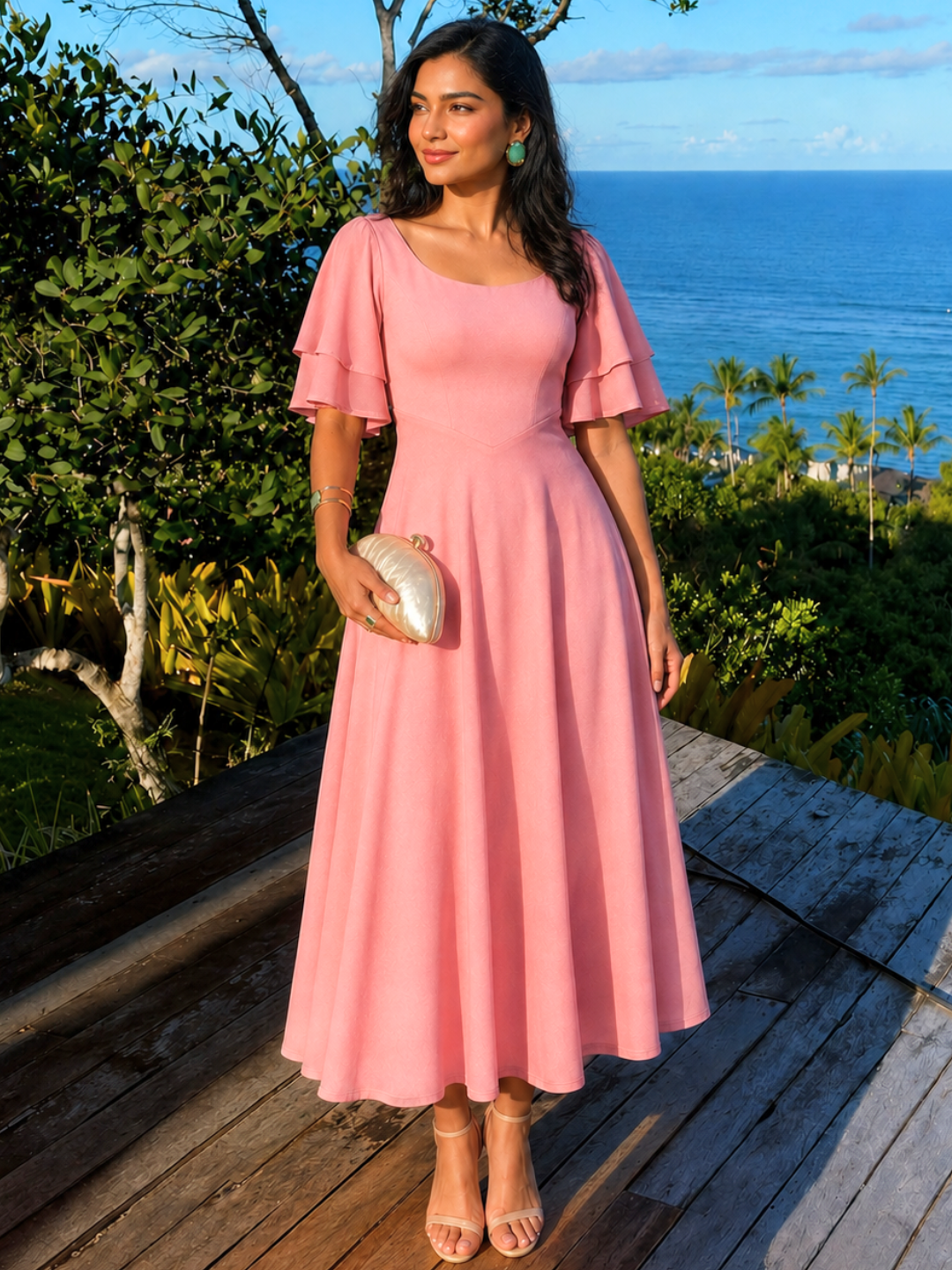 Stretchable Ruffled Sleeve Fit & Flare Dress