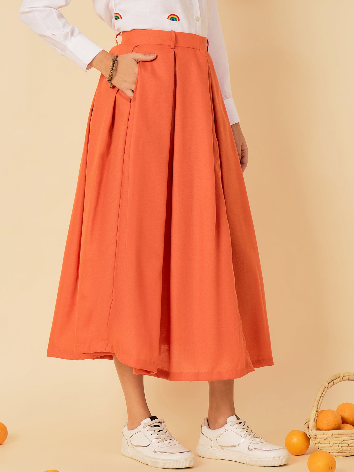 Box Pleated Linen Midi Skirt