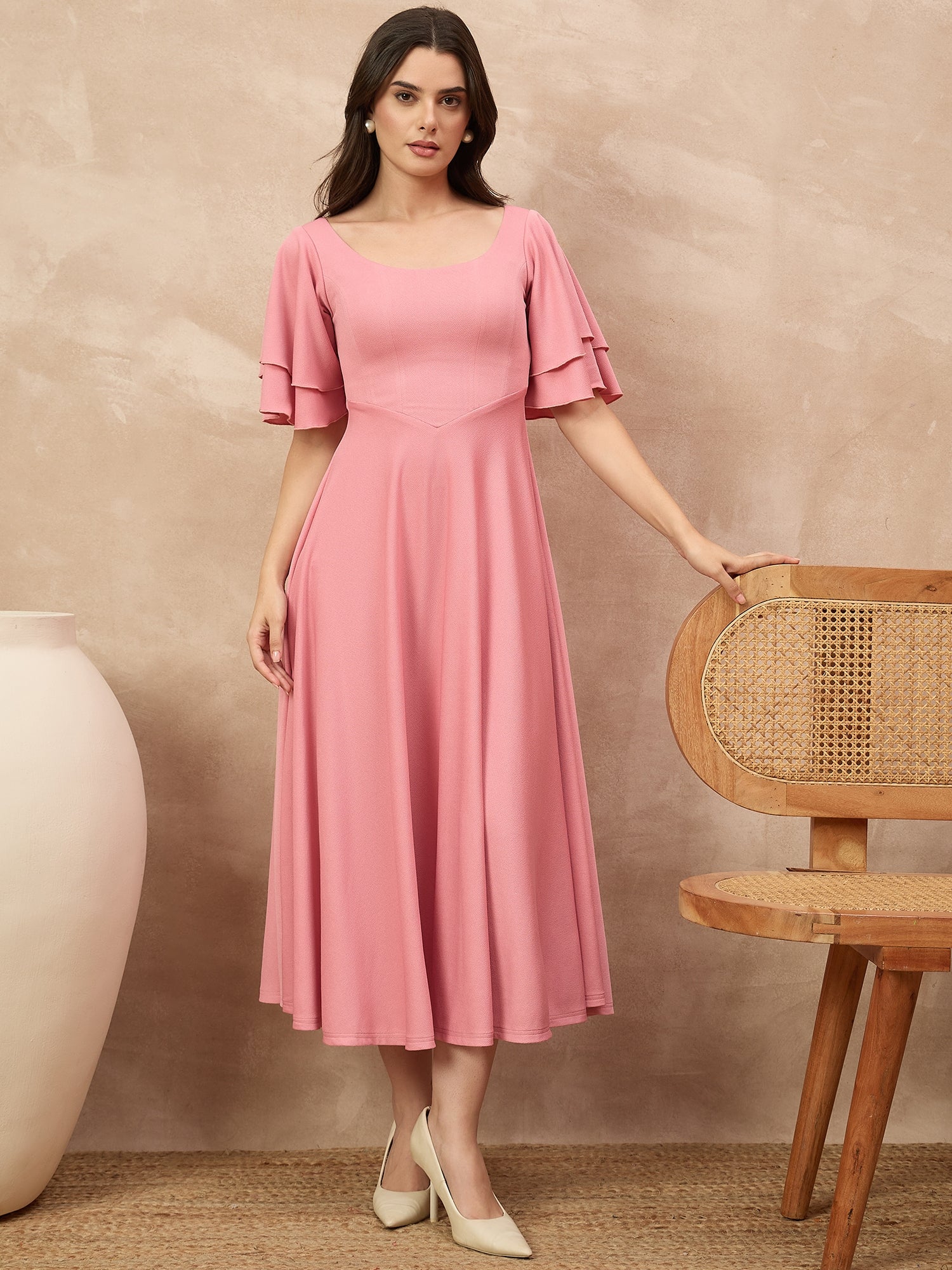 Stretchable Ruffled Sleeve Fit & Flare Dress