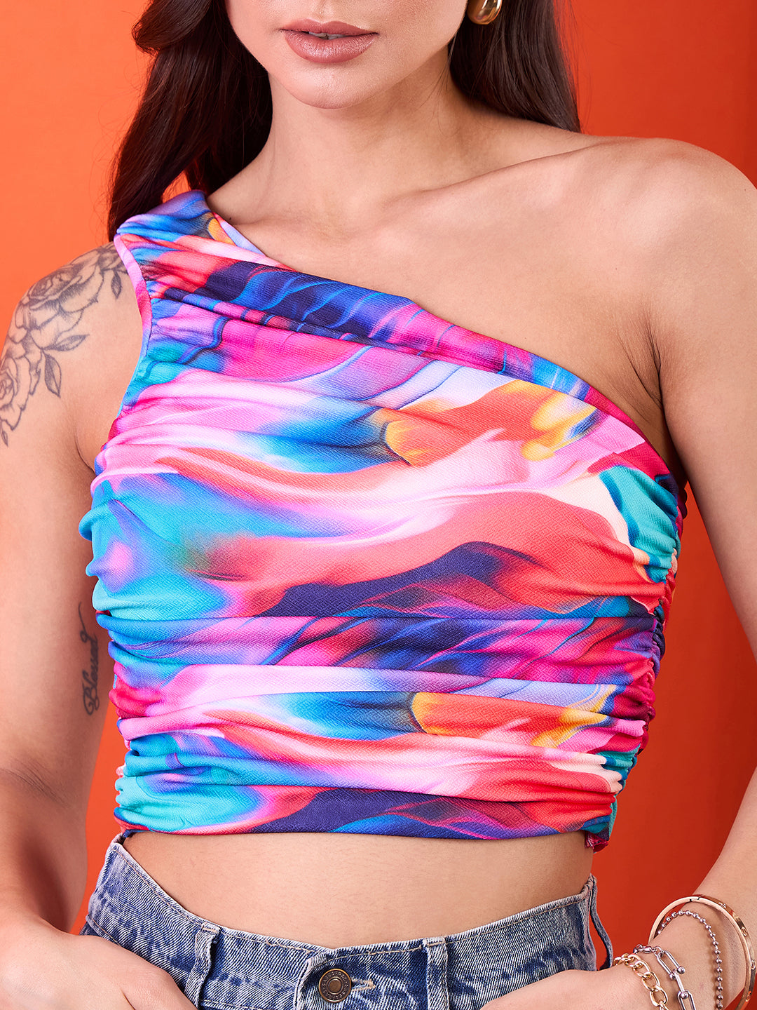 Printed Stretchable One Shoulder Top with Gathered Sides - Uptownie