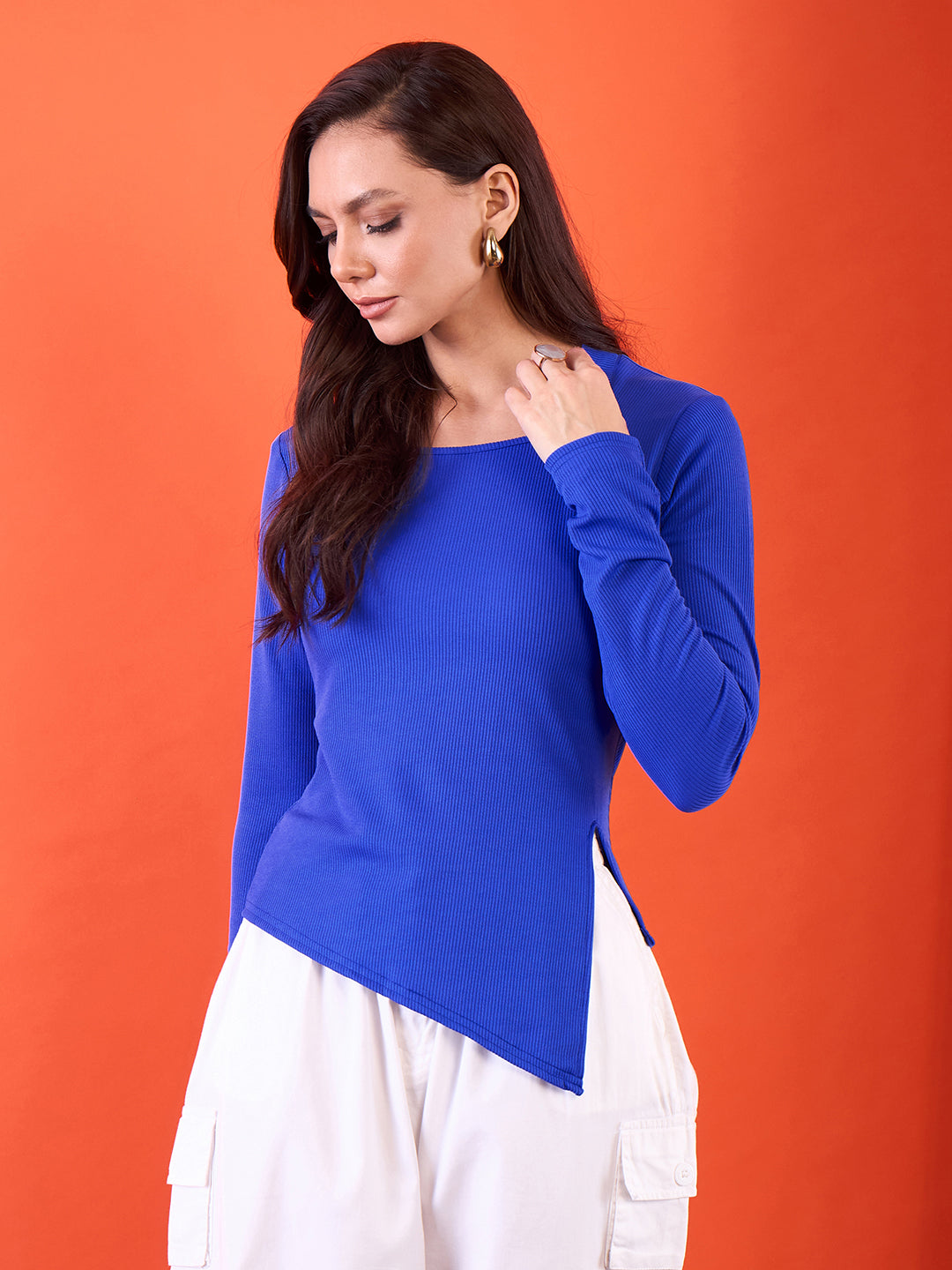 Side Split Full Sleeve Ribbed Top - Uptownie