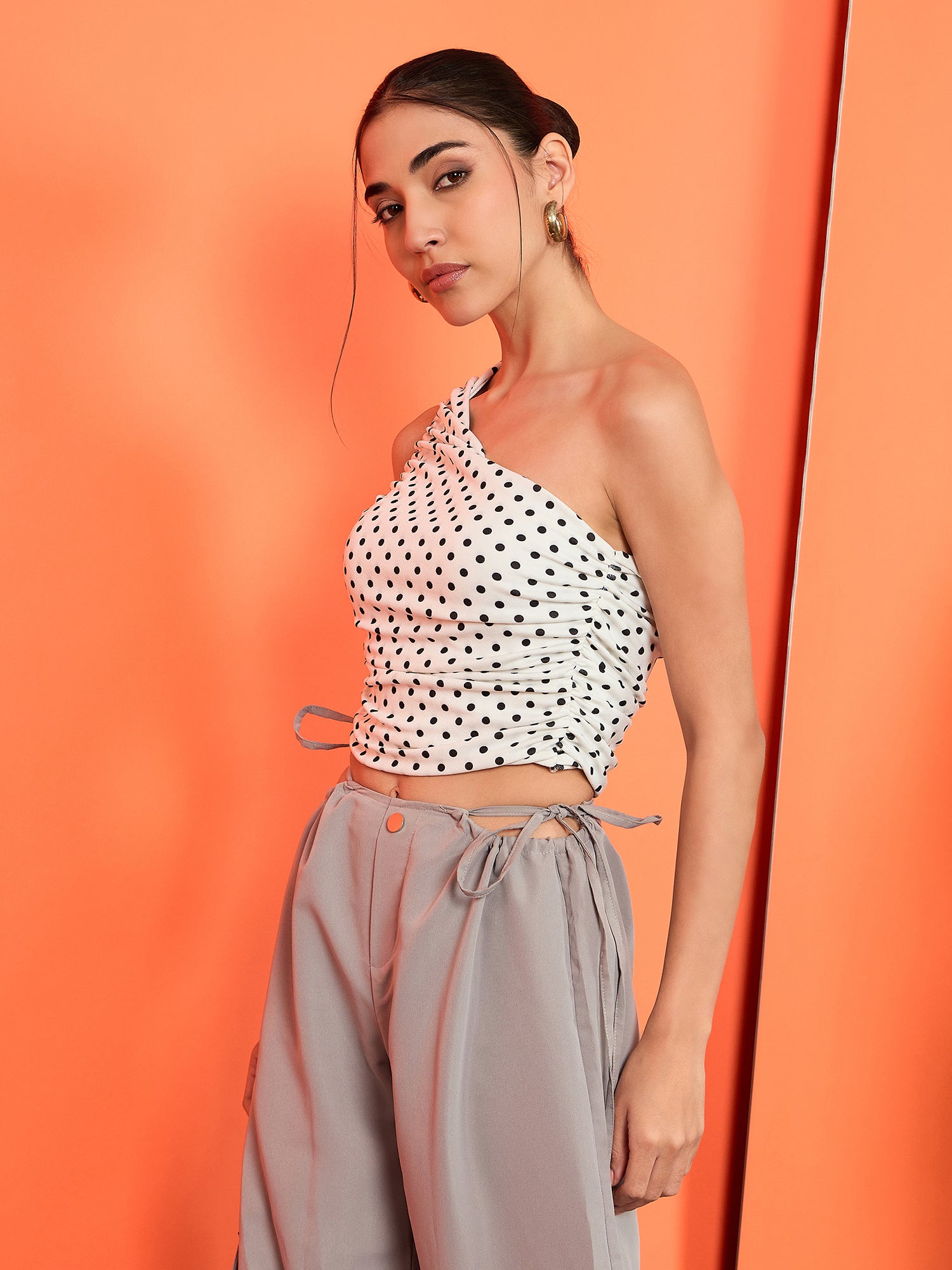 【Kashiko 25HS】Zen One Shoulder Top Printed Stretchable One Shoulder Top with Gathered Sides