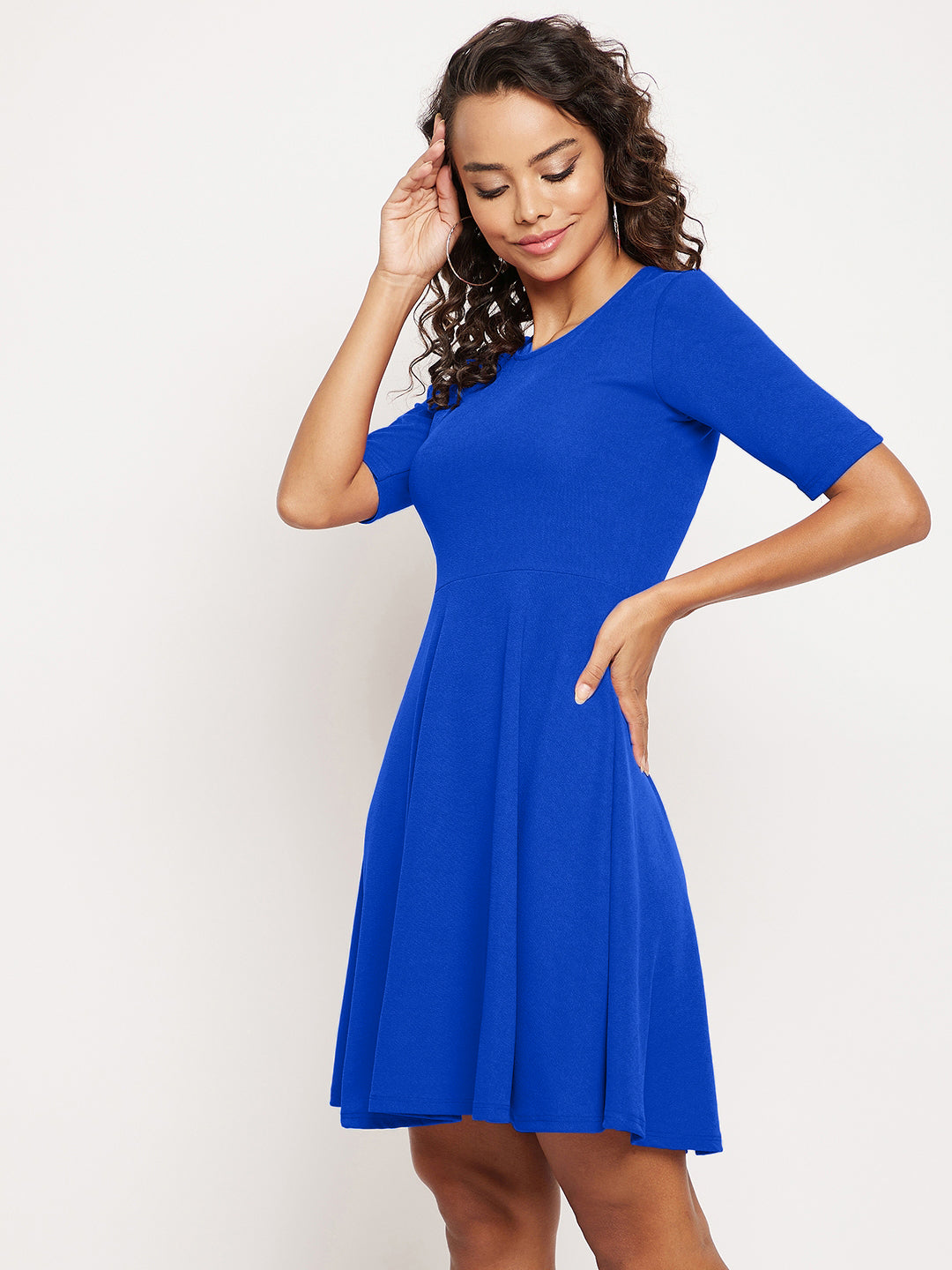 Round Neck Stretchable Skater Cotton Dress - Uptownie
