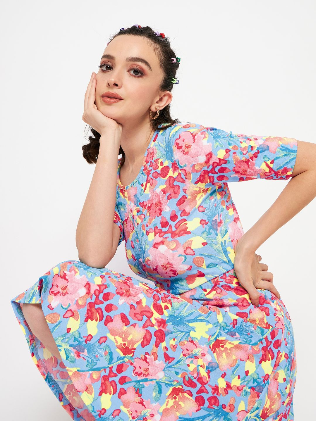 Round Neck Stretchable Cotton Skater Dress - Uptownie