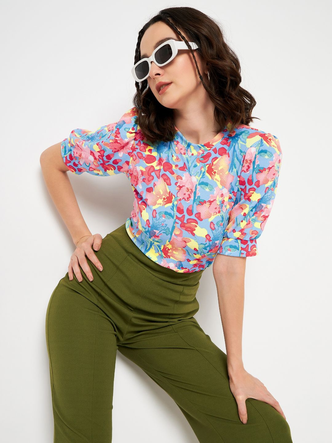 Cotton Floral Stretchable Puff Sleeve Top - Uptownie