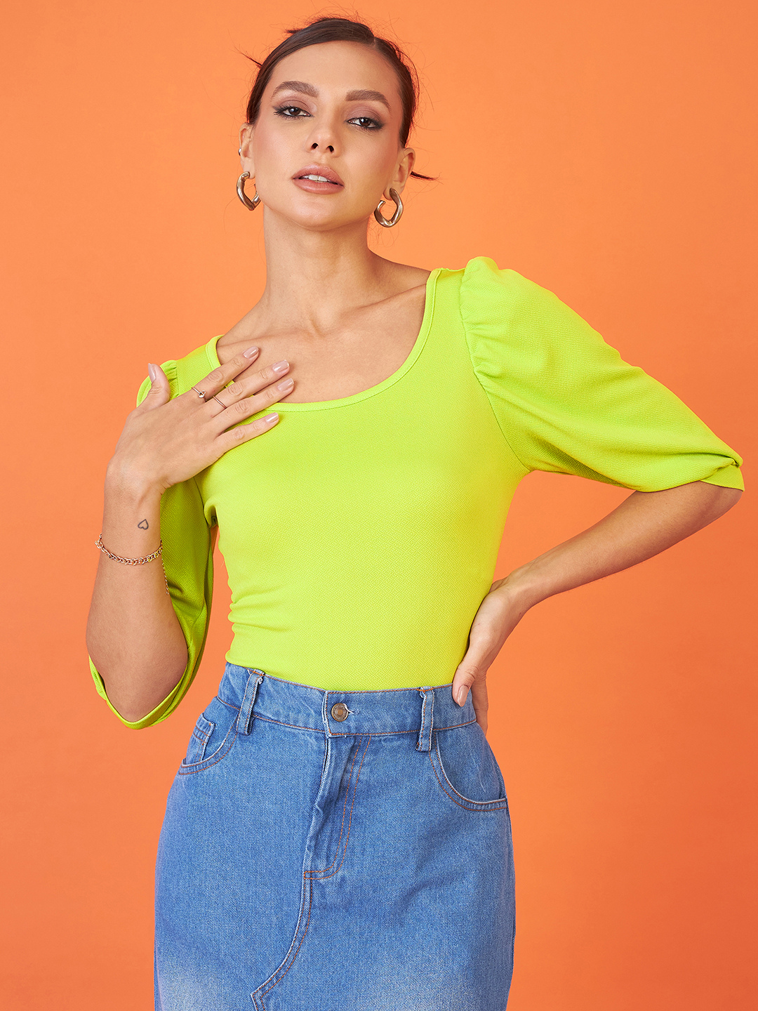 Cotton Solid Stretchable Round Neck Puff Sleeve Top - Uptownie
