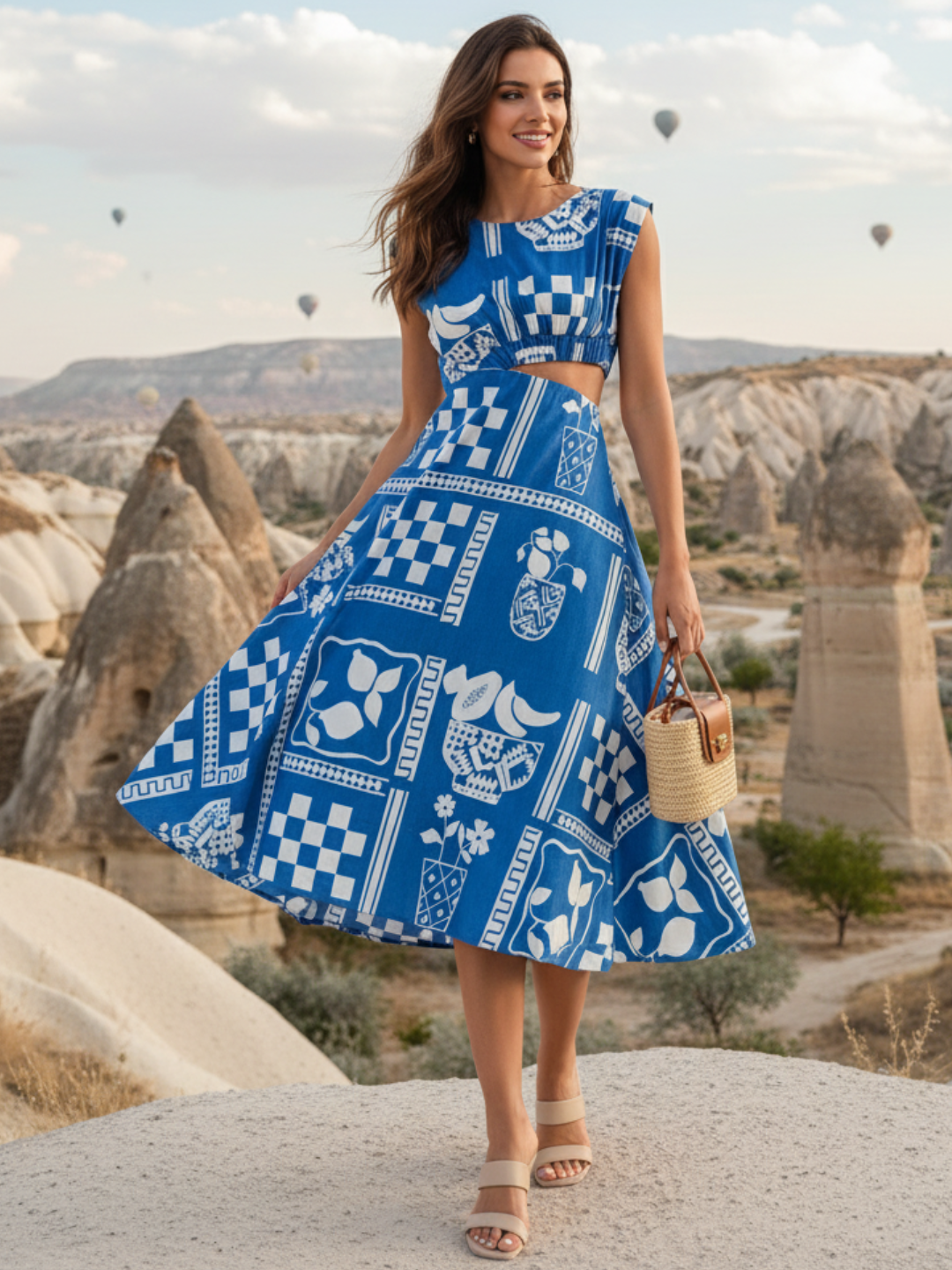 Printed Cotton Poplin Side Cut-Out Midi Dress - Uptownie