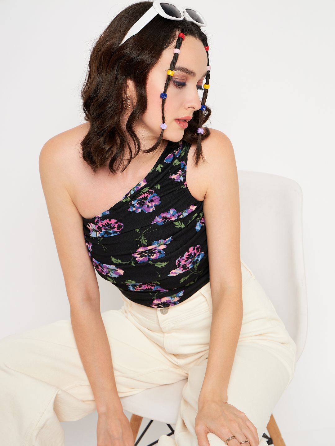 Printed Stretchable One Shoulder Top with Gathered Sides - Uptownie