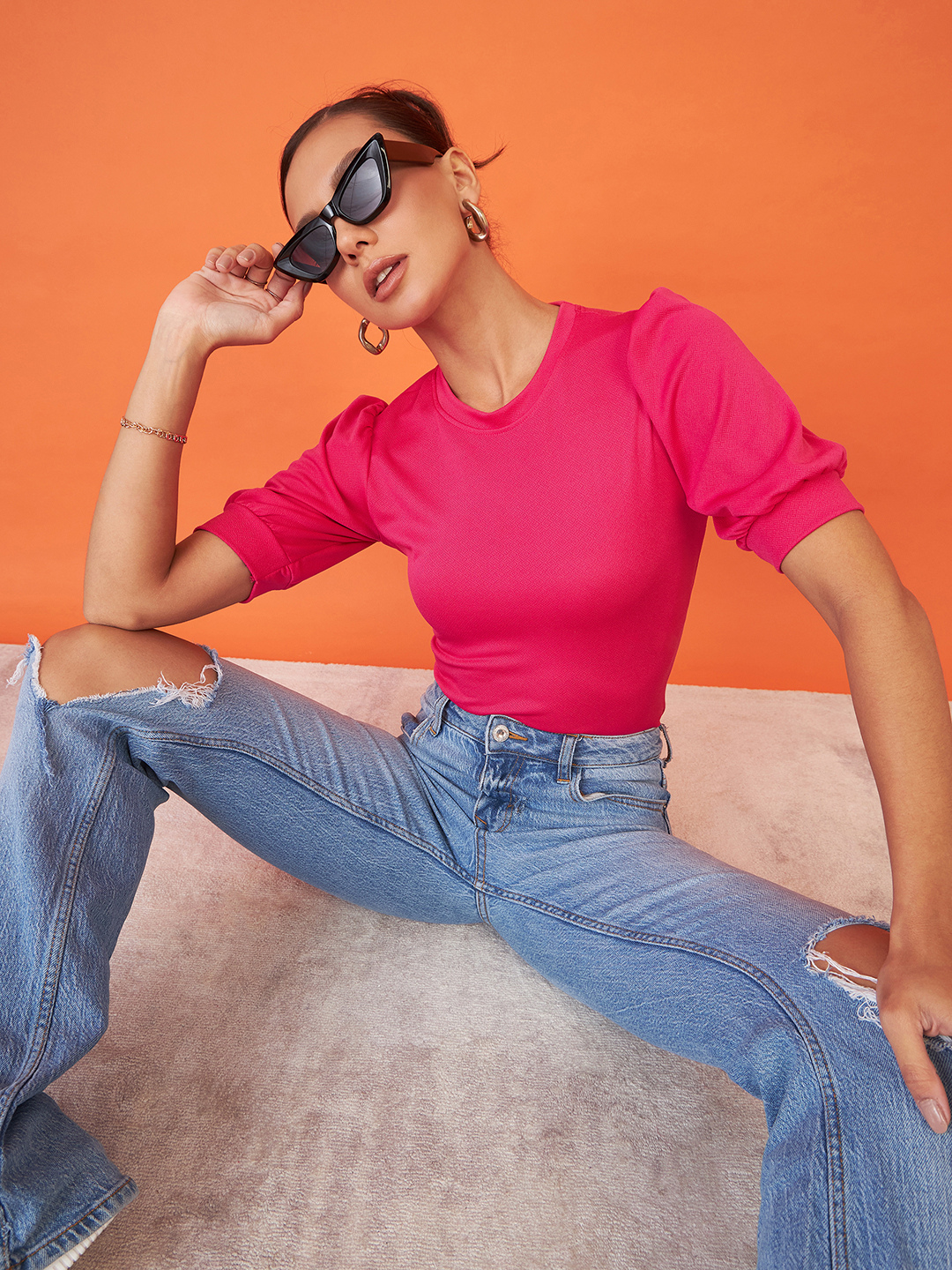 Cotton Solid Stretchable High Neck Puff Sleeve Top - Uptownie