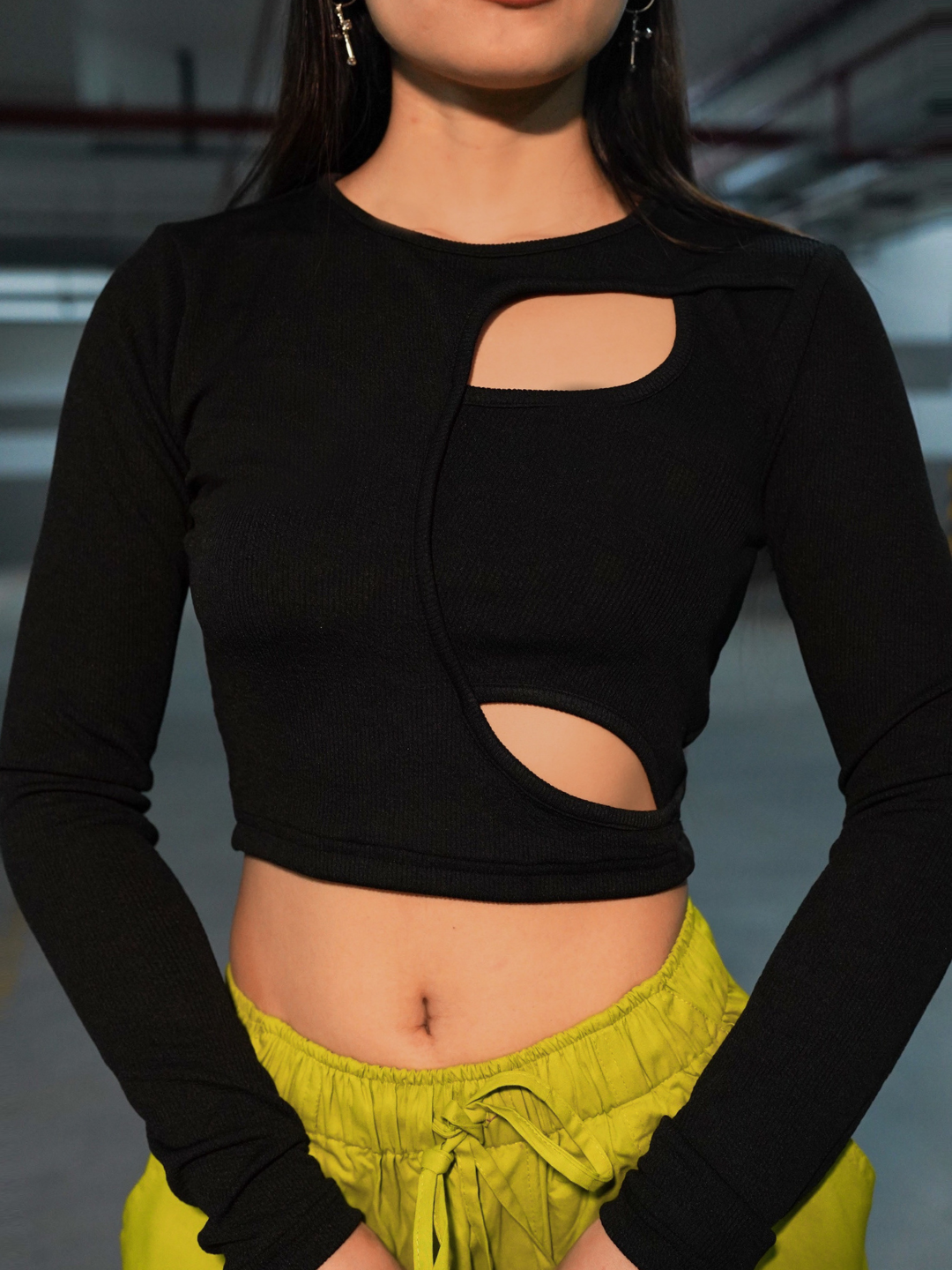 Stretchable Ribbed Top with Front Cut Outs - Uptownie