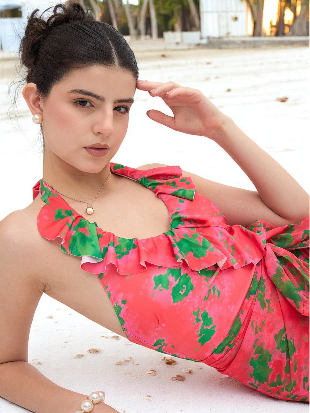 Halter Neck Ruffled Swimsuit With Sarong - Uptownie