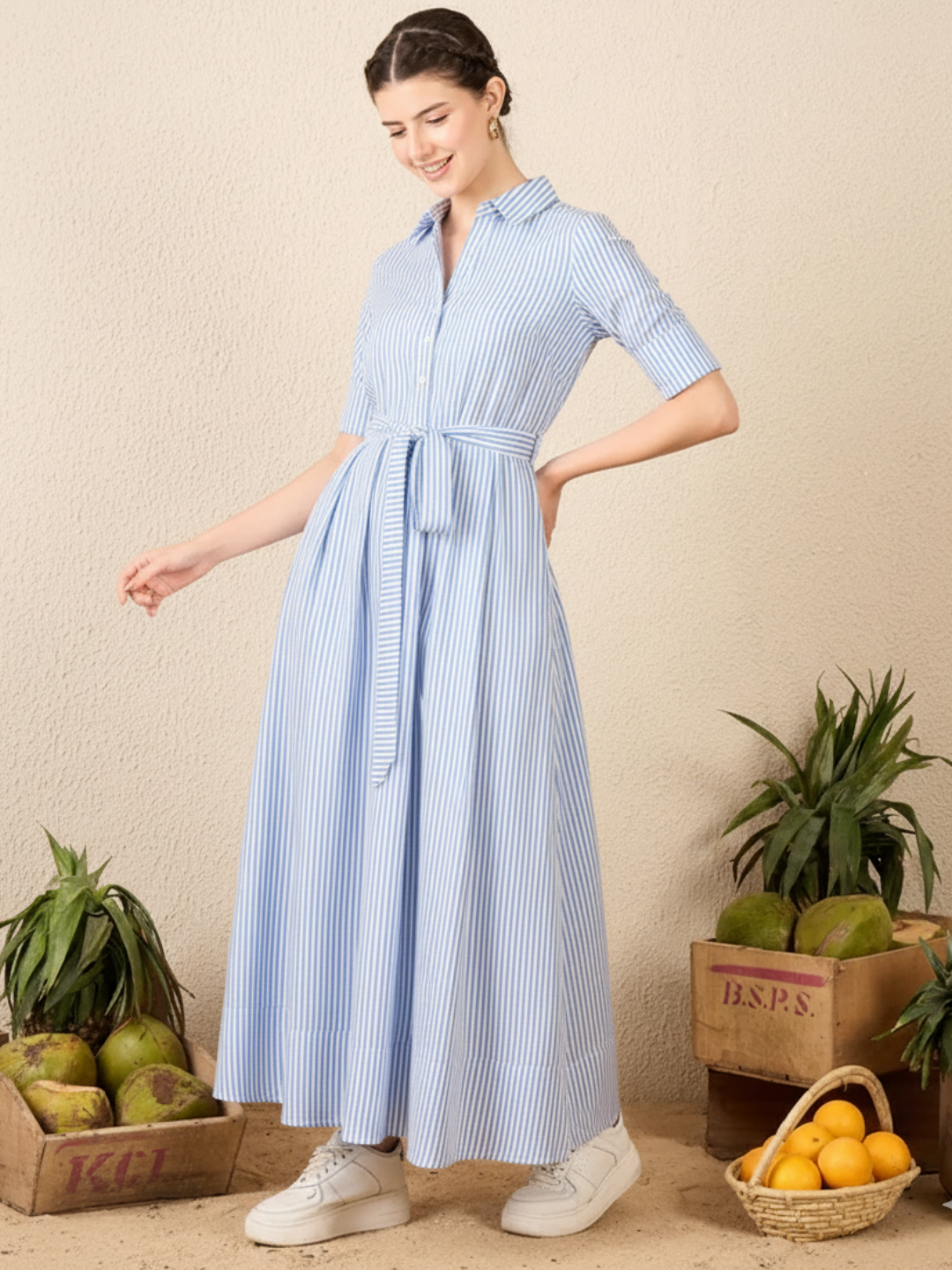 Cotton Buttoned Down Shirt Dress With Belt Cotton Buttoned Down Shirt Dress With Belt