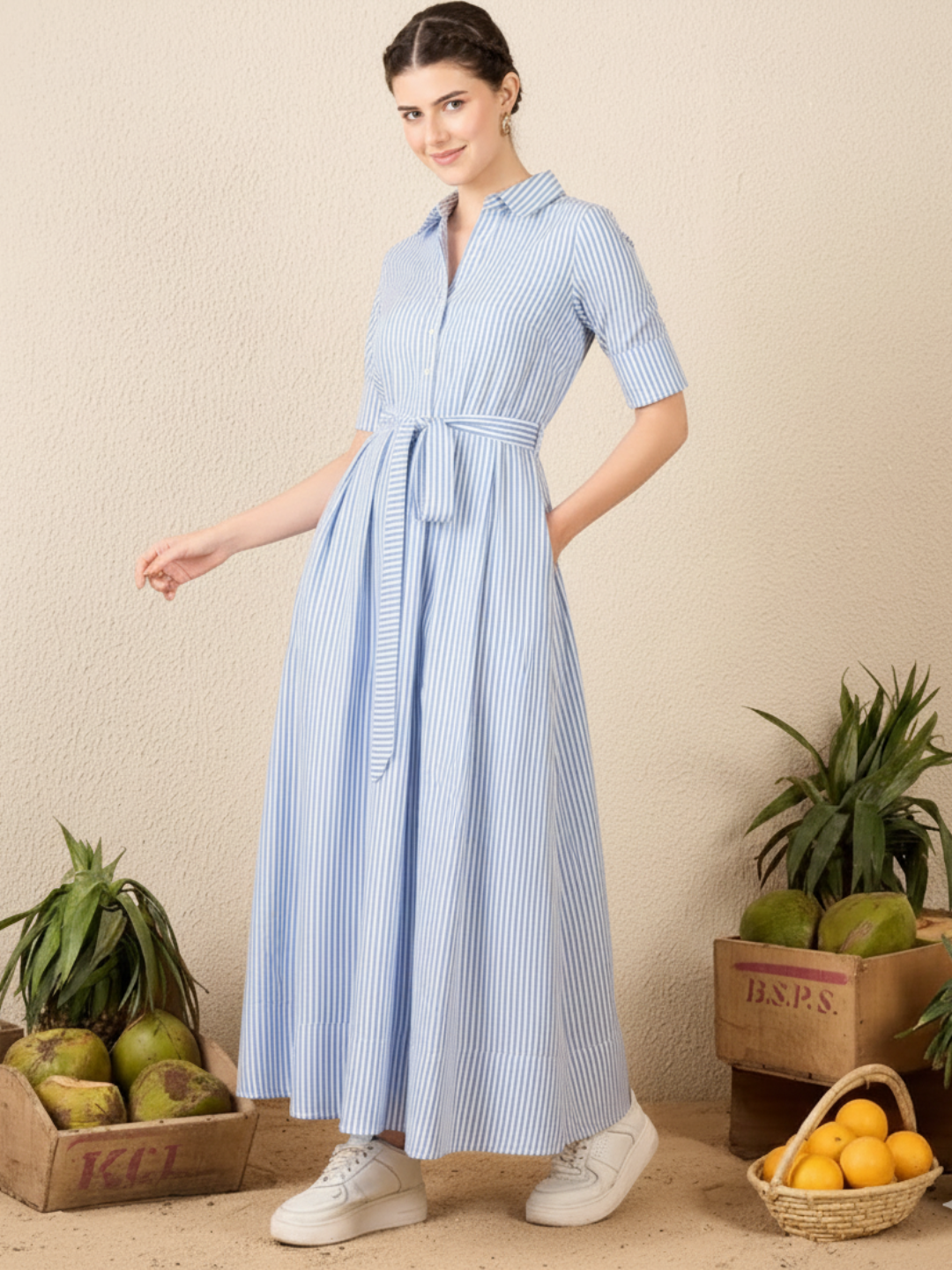 Cotton Buttoned Down Shirt Dress With Belt Cotton Buttoned Down Shirt Dress With Belt