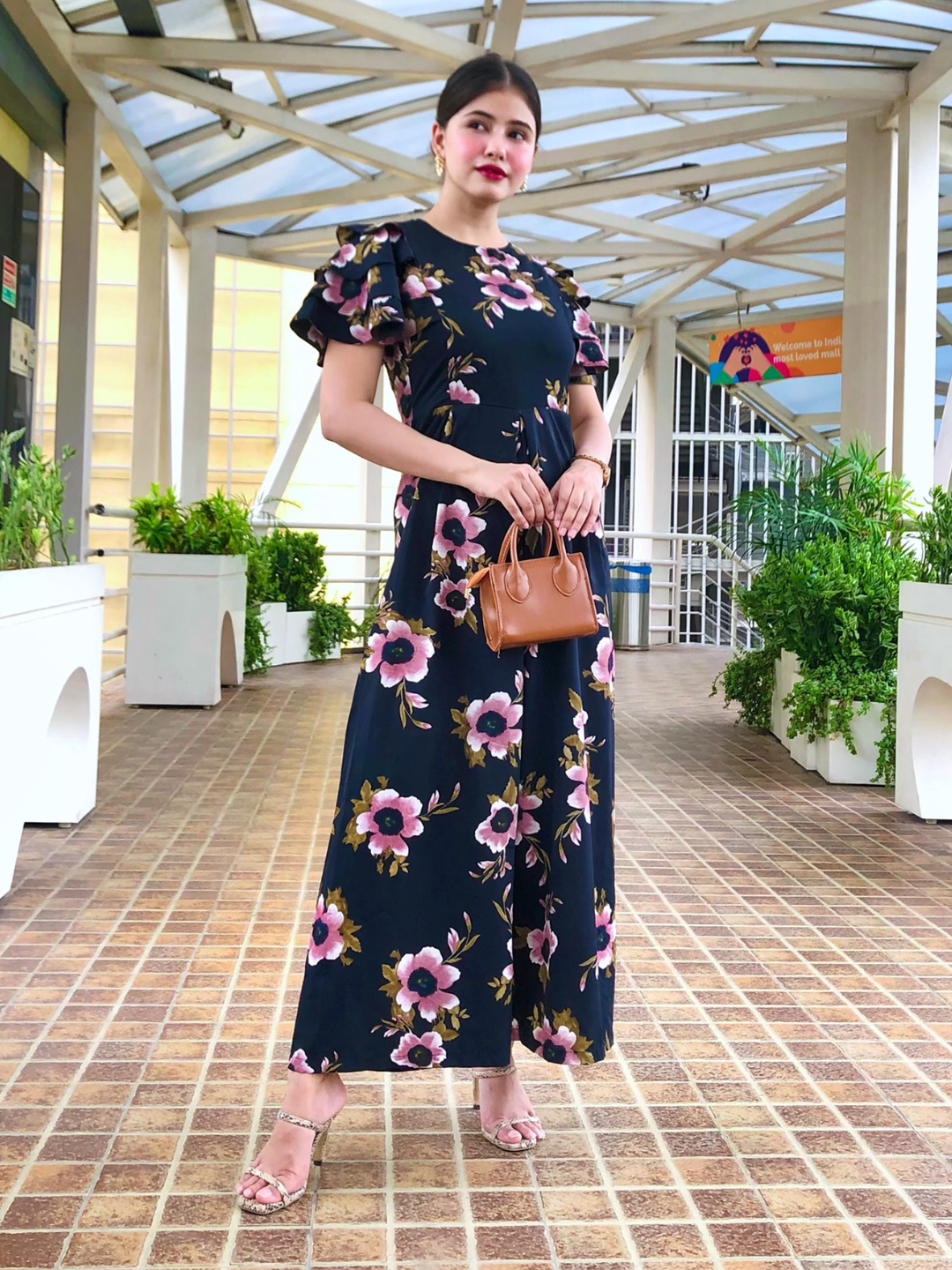 Plus Floral Ruffled Sleeve Jumpsuit - Uptownie