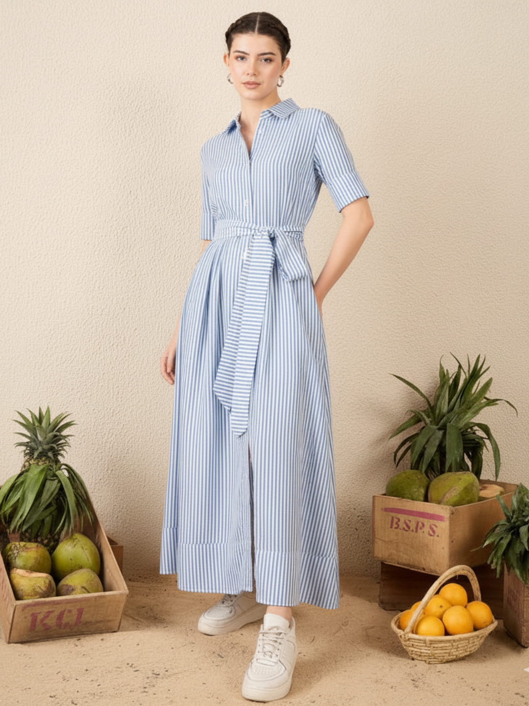 Cotton Buttoned Down Shirt Dress With Belt Cotton Buttoned Down Shirt Dress With Belt
