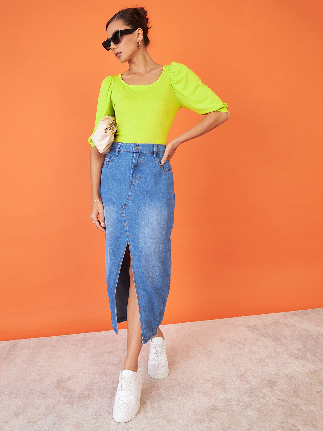 Cotton Solid Stretchable Round Neck Puff Sleeve Top - Uptownie