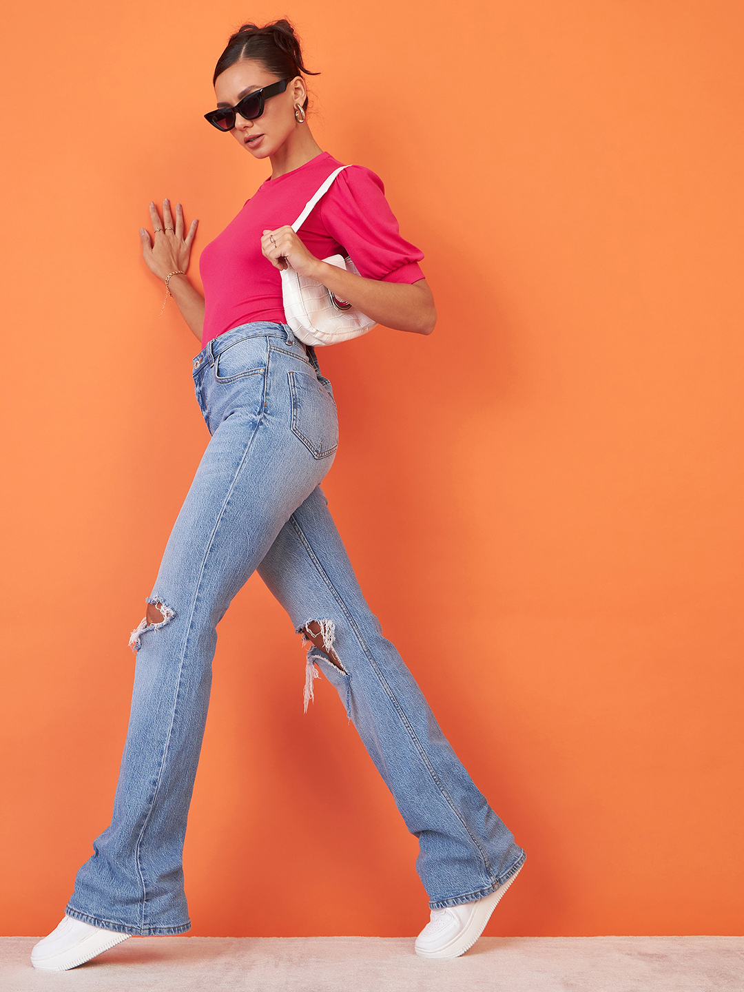 Cotton Solid Stretchable High Neck Puff Sleeve Top - Uptownie