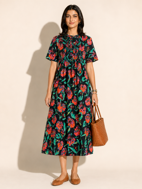 Pure Cotton Front Pleated A-Line Dress (with Lining)