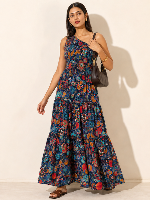 One Shoulder Smocked Maxi Dress