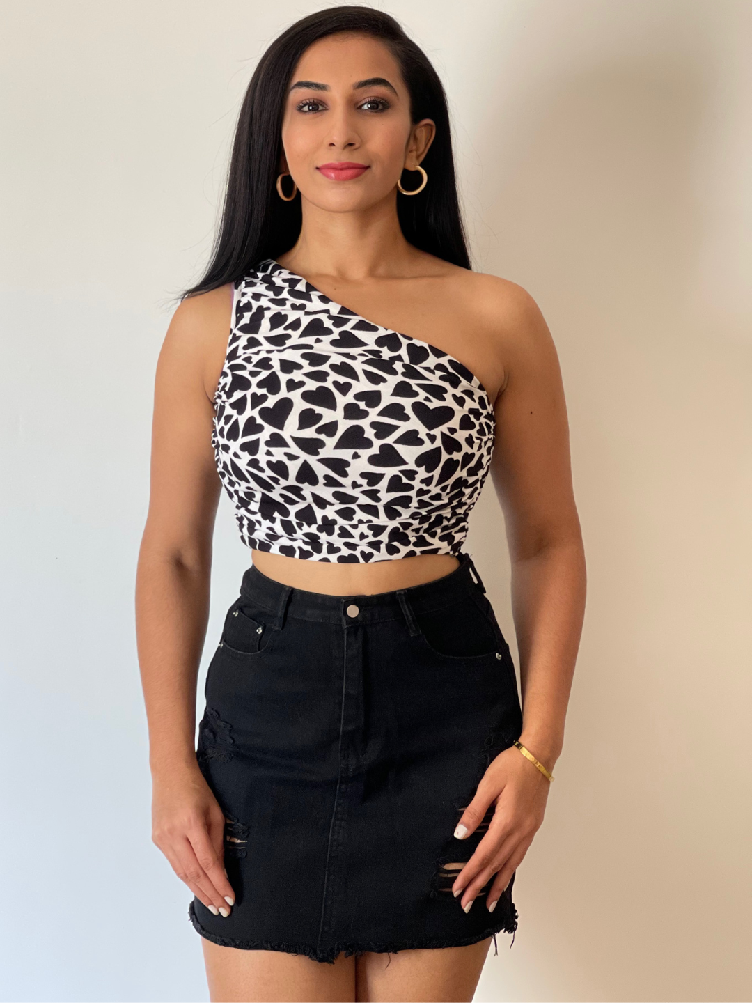 Printed Stretchable One Shoulder Top with Gathered Sides - Uptownie