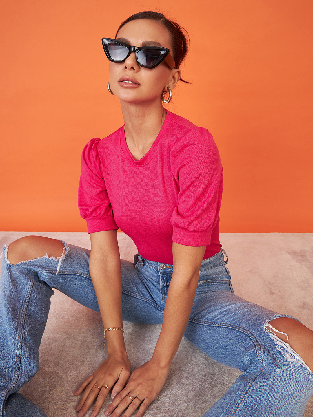 Cotton Solid Stretchable High Neck Puff Sleeve Top - Uptownie