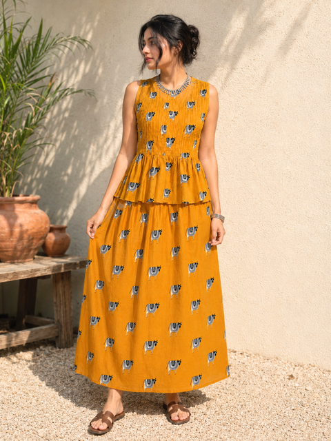 Pure Cotton Pleated Top and Skirt Set (with Lining)